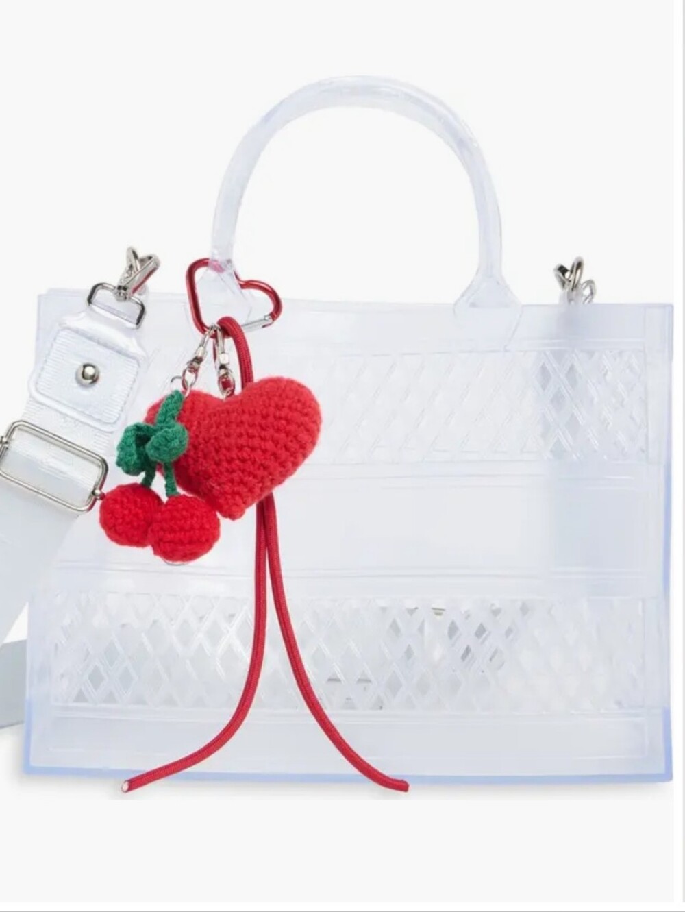 Madden Girl Jelly Transparent Tote Bag with Red Heart & Cherry Charm NWT